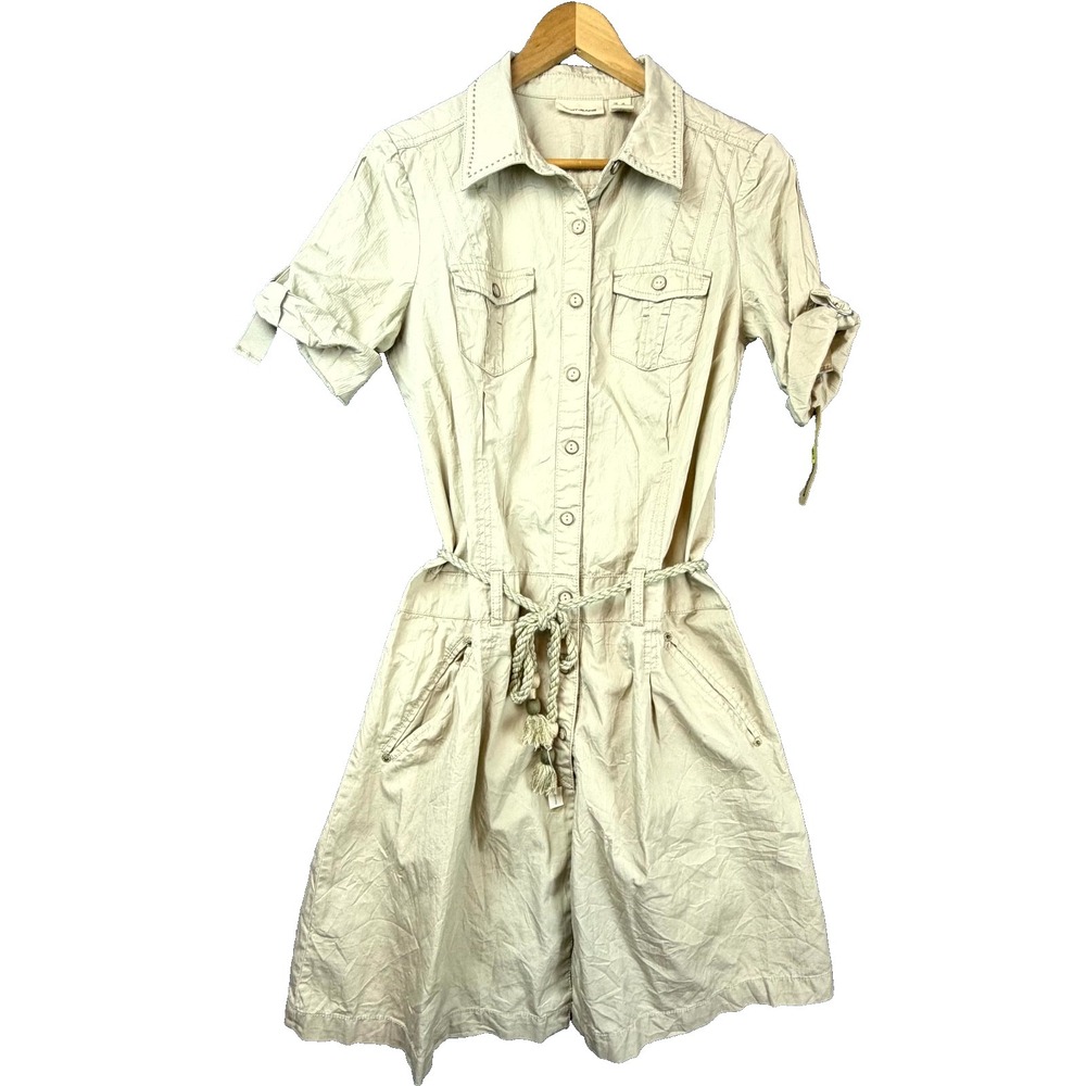 DKNY Malibu Hostess Shirt Dress Womens XL Beige Safari Roll Tab Sleeve Utility